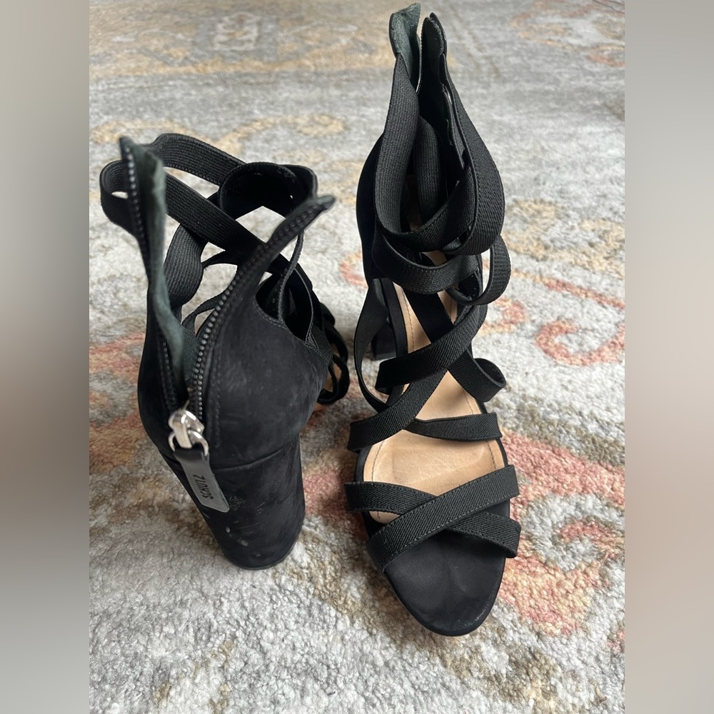 Black Strappy Suede Schutz Block Heels